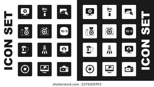 Set Photo retouching, camera, Camera shutter, frame 16, Action extreme,  and film roll cartridge icon. Vector