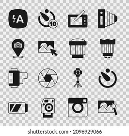Set Photo retouching, Camera timer, photo lens, Graphic tablet, camera, Auto flash and  icon. Vector