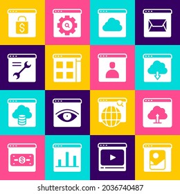 Set Photo retouching, Cloud upload, download, technology data transfer, Browser files, setting, Online shopping on screen and Create account icon. Vector