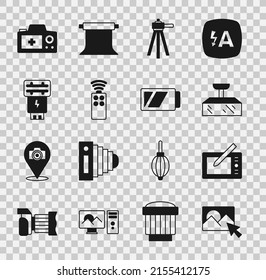 Set Photo retouching, Graphic tablet, Softbox light, Tripod, Remote control for camera, flash,  and Battery icon. Vector