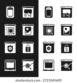 Definir retoque de fotos, Mecanismo de busca, Telefone celular, UI ou design UX, Navegador com escudo, Tela de compras on-line, Mercado de ações do site e ícone da janela do navegador do laptop. Vetor