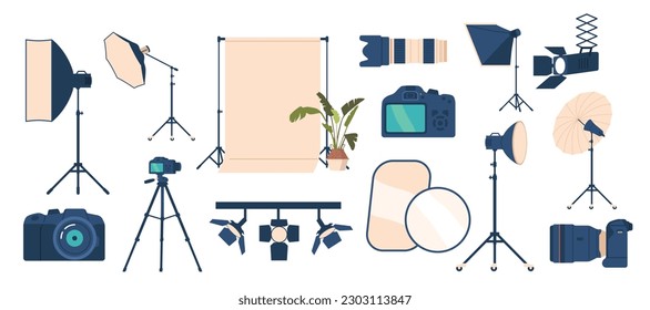 Set Of Photo Studio Equipment. Camera, Tripod, Flash, Softbox, Backdrop, Reflector, Umbrella, Light Stand, Lens