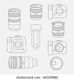 Set of photo studio equipment, camera and optic lenses flat icons, professional photographic technology vector