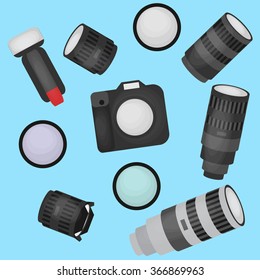Set of photo studio equipment, camera and optic lenses flat icons, professional photographic technology vector