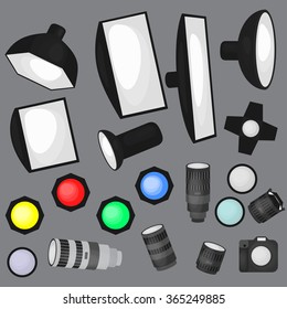 Set of photo studio equipment, light soft, camera and optic lenses flat icons, professional photographic technology vector