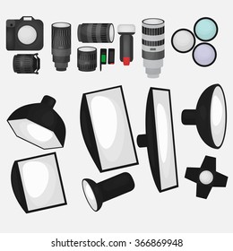 Set of photo studio equipment, light soft, camera and optic lenses flat icons, professional photographic technology vector