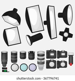 Set of photo studio equipment, light soft, camera and optic lenses flat icons, professional photographic technology vector