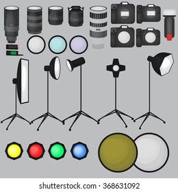 Set of photo studio equipment, light soft, camera and optic lenses flat icons, professional photographic technology vector