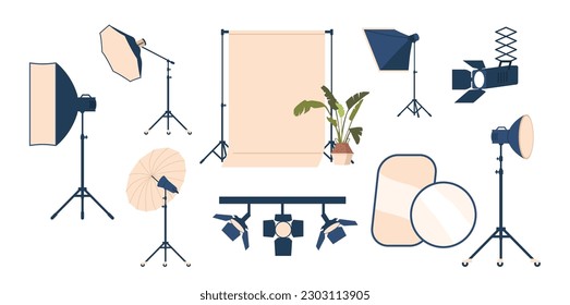 Set of Photo Studio Equipment. Lighting, Backdrop, Tripod, Reflector, Softbox, Diffuser, Strobe, Backstage, Spotlight