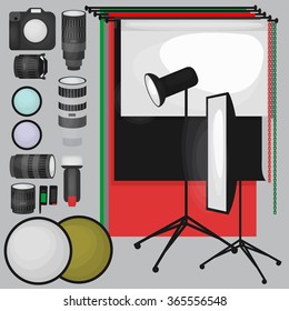 Set of photo studio equipment, paper photo background, light soft flat icons,  flash, reflector, softbox, professional photographic technology vector