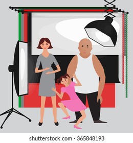 Set of photo studio equipment, paper photo background, light soft flat icons,  flash, reflector, softbox, professional photographic technology. Family pregnant photo shoot with kid vector