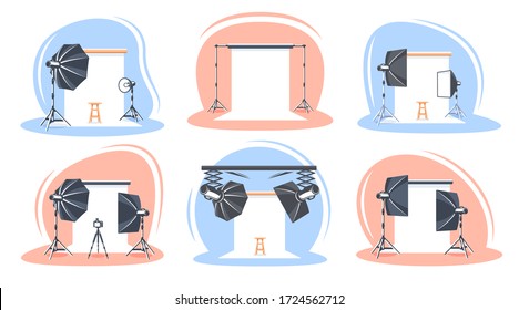Set of the photo studio scenes isolated on white background. Flat style. Photo studio concept. Vector illustration