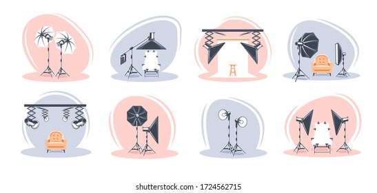 Conjunto de escenas del estudio de fotos aisladas en fondo blanco. Estilo plano. Concepto de estudio fotográfico. Ilustración del vector