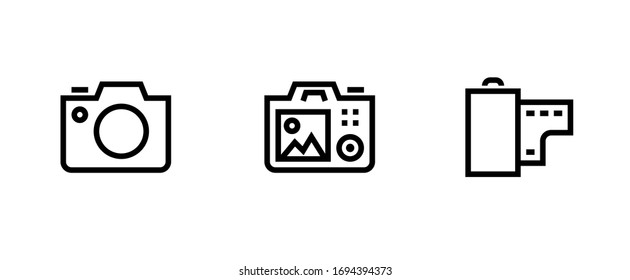 Set photo and video camera icon. Editable Line Vector. SLR, Digital Pro and Film Roll symbol.