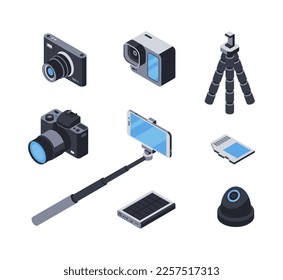 Set of photo and video gadgets. 3d camera icon with lens, action camera, selfie stick monopod, tripod, memory card, video surveillance camera, solar power bank, charger. 
Vector isometric illustration