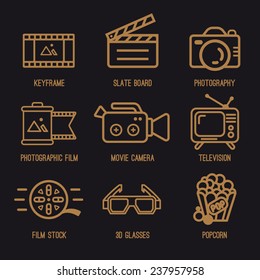 Set photo and video icons. Camera, film, TV, popcorn, 3D glasses