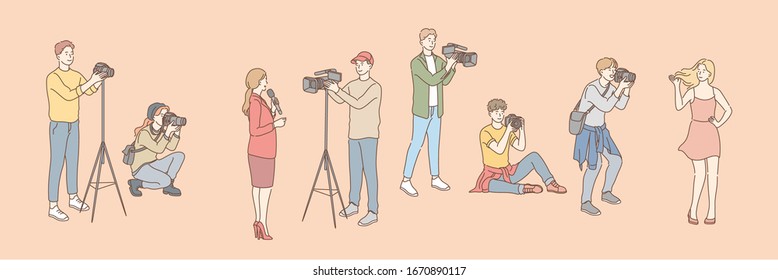 Set of photo and videographers, paparazzi, journalist concept. Photo, video shooting. Group of men women photographers and cameramen shooting video taking pictures. Model agency, tv reporter. Vector