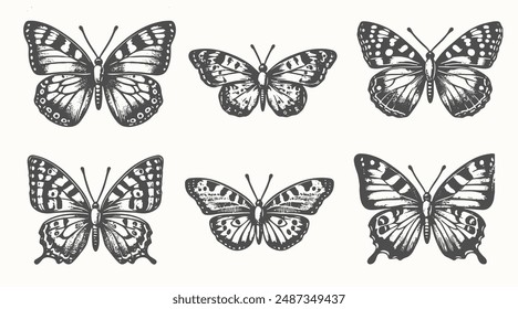 Set of photocopy butterfly. Vector illustration for grunge style. Coquette collage element with grain effect. Trendy retro modern stickers. Monochrome design elements.