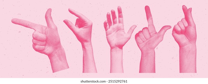 Set of photocopy human hands. Gesture signs. Vector collage elements with grain texture