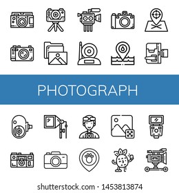 Set of photograph icons such as Camera, Gallery, Cinema camera, Placeholder, Home movie camera, Amateur Flash, Photographer, Image, Selfie, Film , photograph