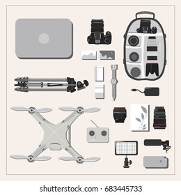 Set of the photographer: camera, tripod, hard disk, sound, light, photos, laptop, watch, lenses, drone camera. Flat style.