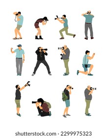 Set of photographer with camera vector illustration isolated. Paparazzi shooting movie event. Photo reporter on duty. Sport photography. Journalist work  breaking news. Wedding fashion photographer. 