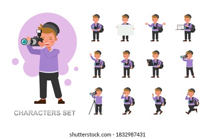 Set of Photographer kid boy character vector design. Presentation in various action with emotions, running, standing and walking.