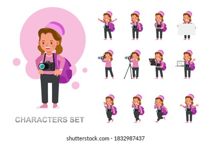 Set Of Photographer Kid Girl Character Vector Design. Presentation In Various Action With Emotions, Running, Standing And Walking.