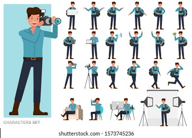 Set of photographer man character vector design. Presentation in various action with emotions, running, standing and walking. 