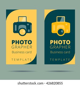 Set of photographer, photo studio business card vector design template, camera background