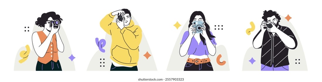 Set of photographers. Happy men and women with cameras taking photos or pictures. Characters capture emotional moments on film. Flat outline vector illustration collection isolated on background