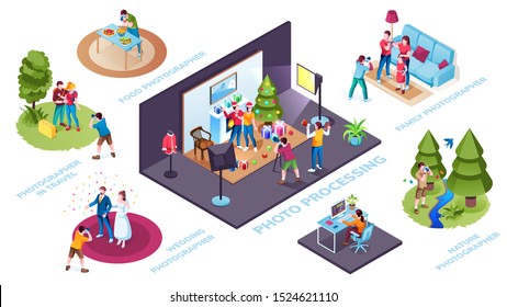 Set of photographers professions. Photo processing or camera process. Food and travel, wedding and nature, family photographer scenes. Video processing at studio. New year, christmas spotlight