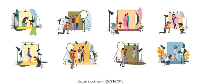 Set of photographers taking photos and shooting people in studio. Men and woman models posing in professional photography studio with cameras and light tripods. Photo session flat vector illustration