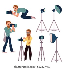 Set of photographers at work and professional equipment - camera, flash, light, reflector, tripod, cartoon vector illustration on white background. Professional photographers and photo equipment