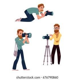 Set of photographers at work and professional equipment, cartoon vector illustration on white background.