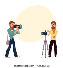 Set of photographers at work and professional equipment, cartoon vector illustration with space for text.