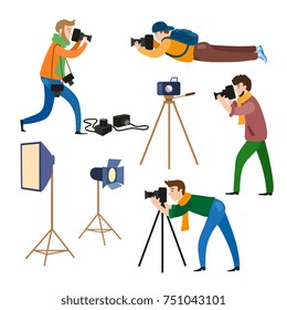 Set of photographers at work and professional equipment - camera, flash, light, reflector, tripod, flat cartoon vector illustration on white background. Professional photographers and photo equipment