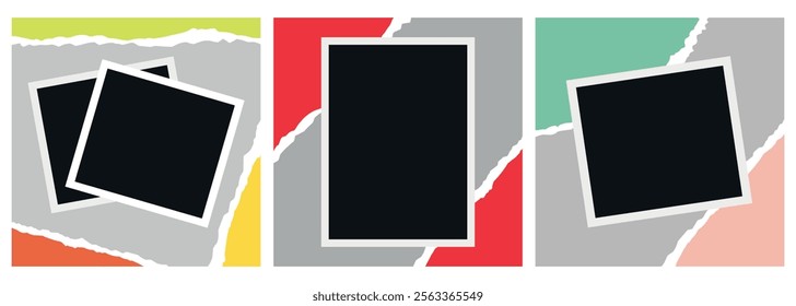 Set of photographic prints with cut and torn paper. Blank photo frames. Vector illustration