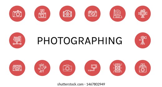 Set of photographing icons such as Camera, Cinema camera, Selfie, Instant camera, Film , photographing