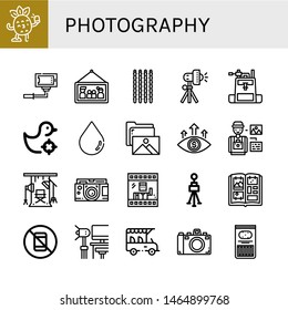 Set of photography icons such as Selfie, Picture, Sticks, Studio lighting, Camera bag, Shooting gallery, Blur, Gallery, Focus, Photographer, Studio, Camera, Photo , photography