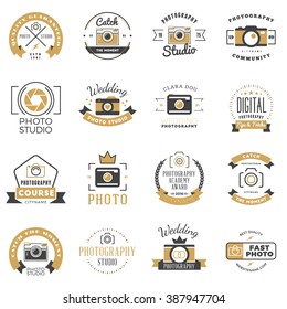 Set of Photography Logo Design Templates. Photography Retro Badges and Labels. Black and Golden Colors. Wedding Photography. Photo Studio. Camera Shop. Photography Community