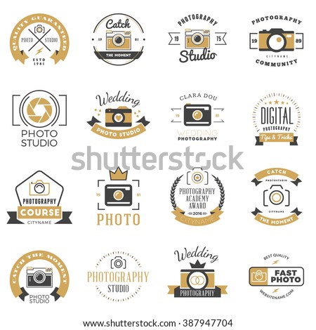 Set of Photography Logo Design Templates. Photography Retro Badges and Labels. Black and Golden Colors. Wedding Photography. Photo Studio. Camera Shop. Photography Community