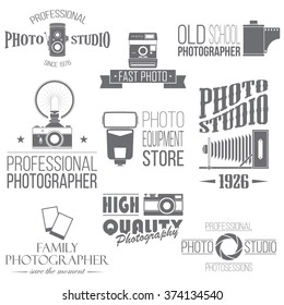 Set of photography logotypes template on transparent background. Vintage photo badges, icons. Great for business design, photo store logos, advertising, window signage. Retro style vector illustration