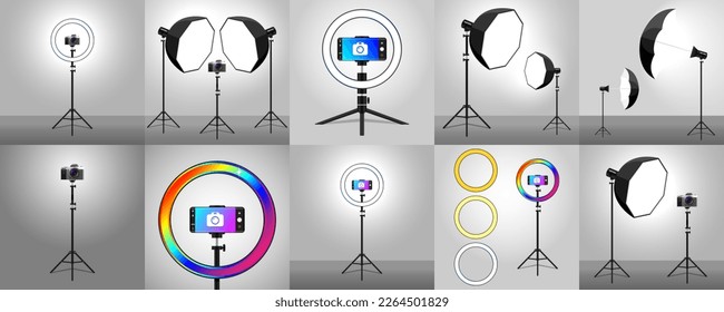 Establecer estudio de fotografía con luz de caja suave, cámara, vector de ilustración de teléfono de luz de anillo trípode