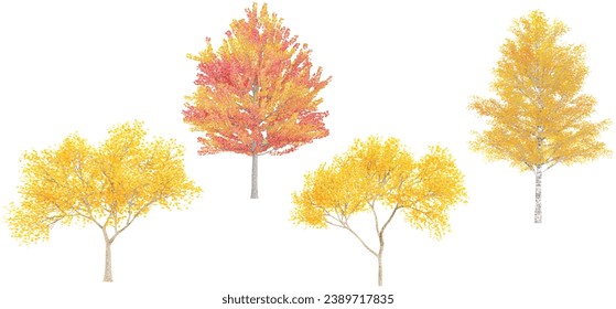 Set fotorealistische 3D-Darstellung von Aspen,SUGAR MAPLE Bäume mit Bodenschatten, Ausschnitt mit transparentem Hintergrund, ideal für die digitale Komposition und Architektur Visualisierung.