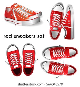 Set Of Photo-realistic Sports Shoes Illustration, Red Sneakers Isolated On White