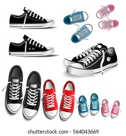 set of photo-realistic sports shoes illustration, red, black, blue, pink sneakers isolated on white