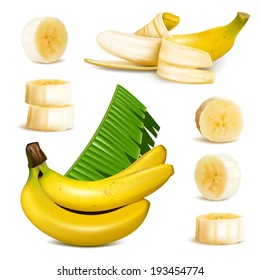 Set of photo-realistic vector illustrations. Ripe yellow bananas, slices and leaves.