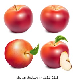 Set of photo-realistic vector red apples and apples slices with green leaves. Vector illustration