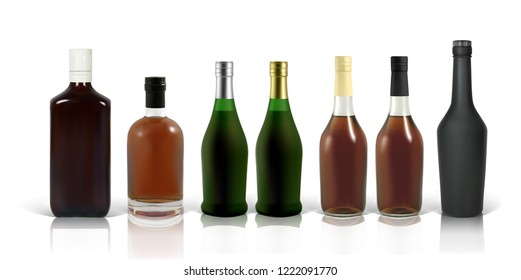 Set of photo-realistic whiskey, cognac and scotch bottles on a white background with shadow and reflection. Mocap for advertising red, whiskey, cognac, scotch, brandy, rum, etc.